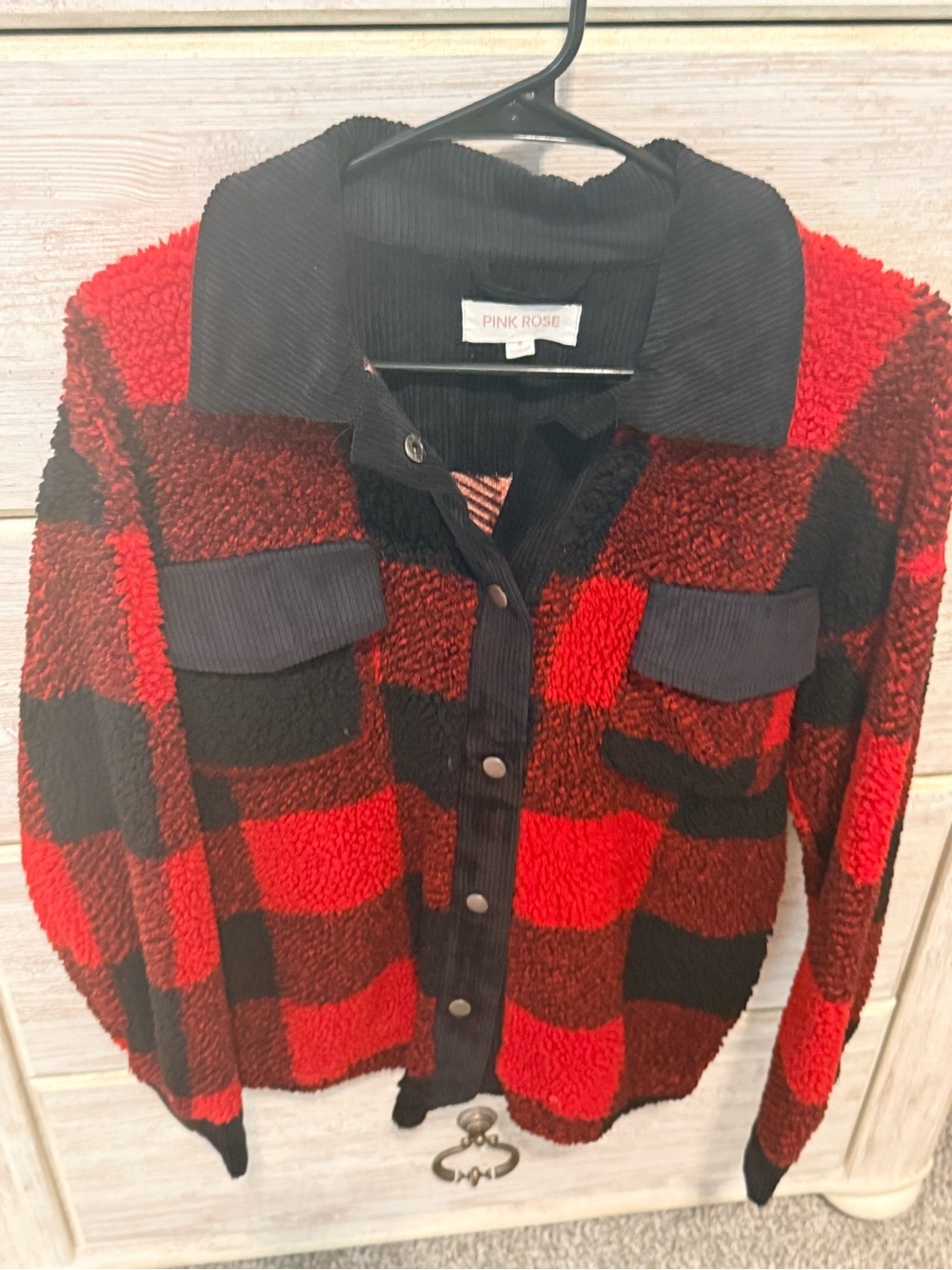Pink Rose Red & Black Plaid Sherpa Button-Up